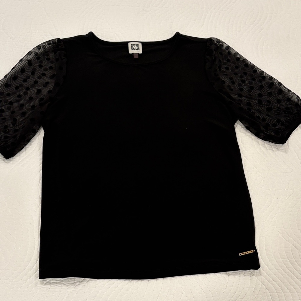 Anne Klein Black Elegant Tee with Textured Sheer Sleeves - Picture 2 of 6